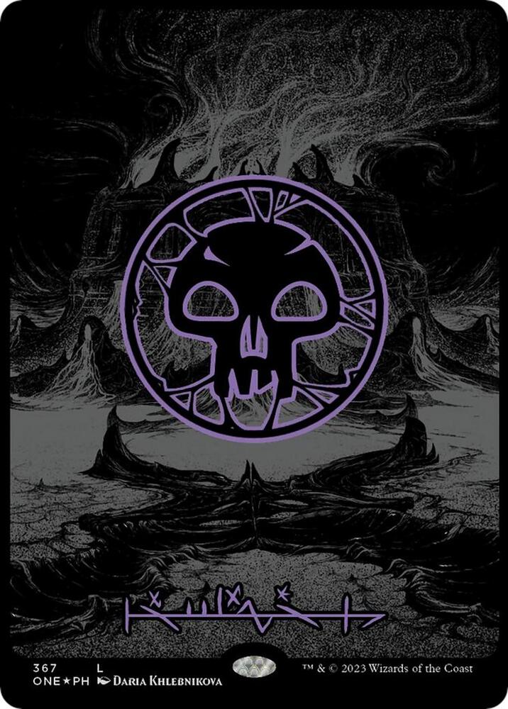 Swamp (Phyrexian) - Full Art (Oil Slick Raised Foil) (367) [Phyrexia: All Will Be One] [Borderless]