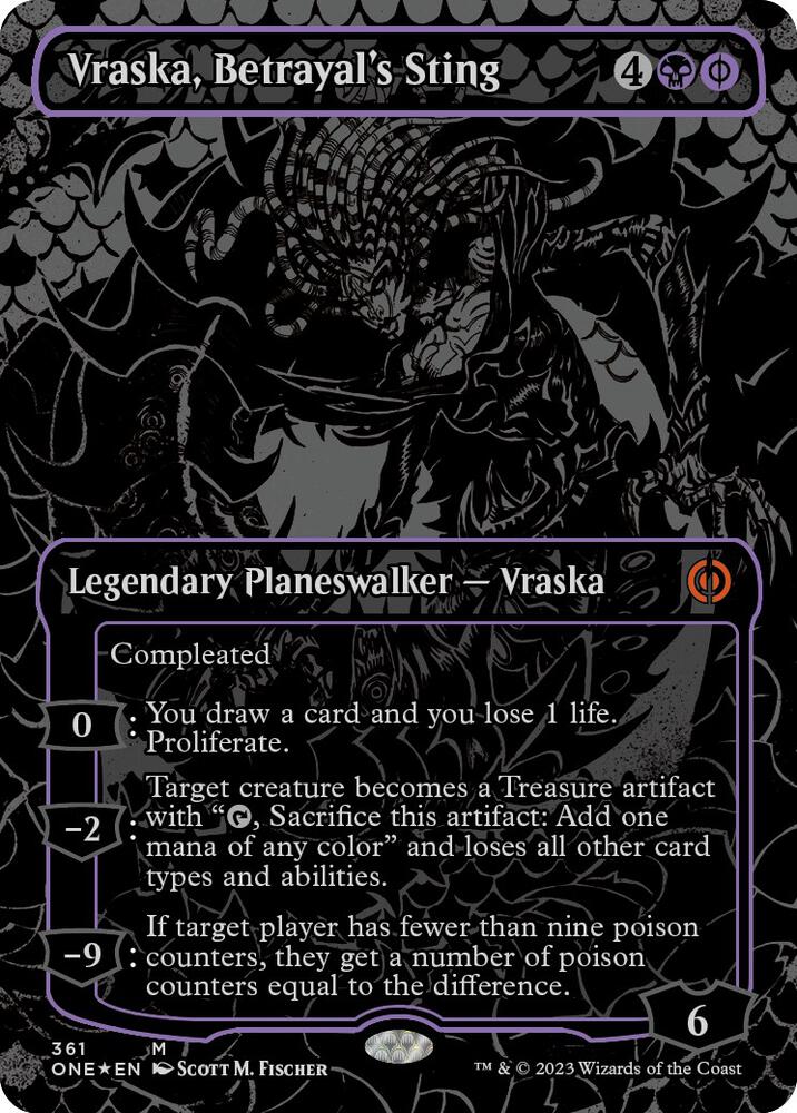 Vraska, Betrayal's Sting (Oil Slick Raised Foil) (361) [Phyrexia: All Will Be One] [Borderless]