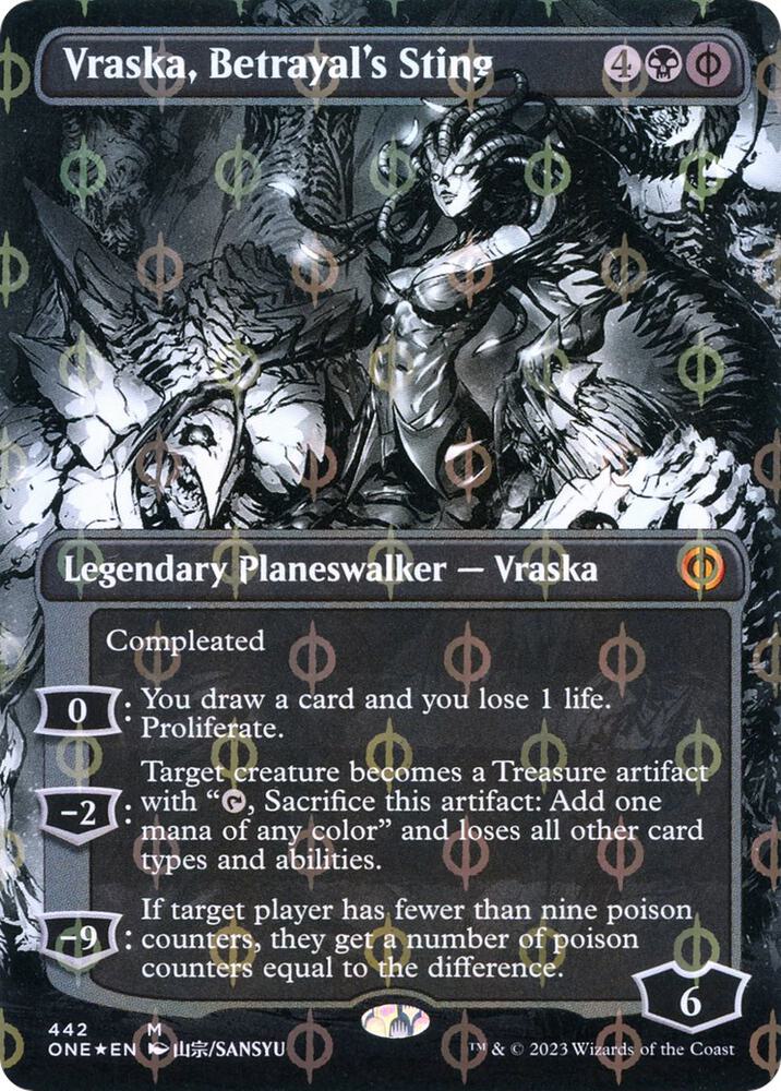 Vraska, Betrayal's Sting (Borderless) (Step-and-Compleat Foil) (442) [Phyrexia: All Will Be One] [Showcase, Borderless]
