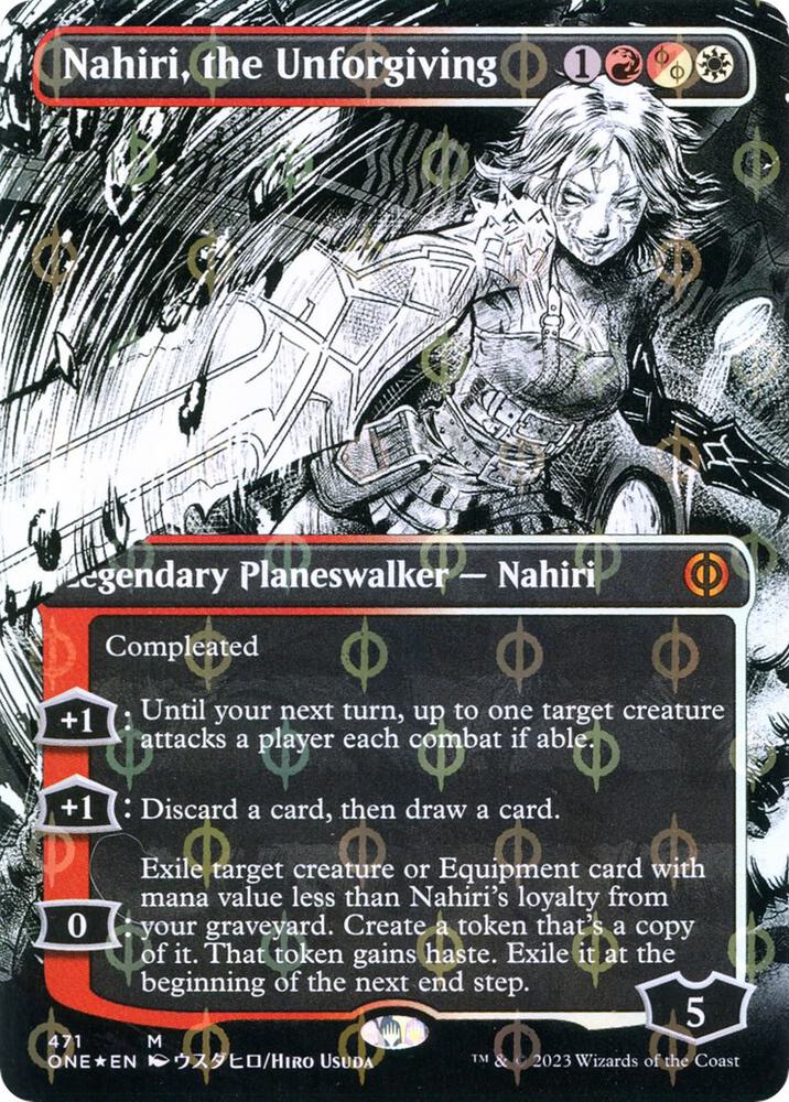 Nahiri, the Unforgiving (Borderless) (Step-and-Compleat Foil) (471) [Phyrexia: All Will Be One] [Showcase, Borderless]