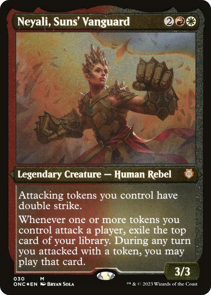 Neyali, Suns' Vanguard (Display Commander) (Foil Etched) - Thick Stock (30) [Phyrexia: All Will Be One Commander] [Etched]