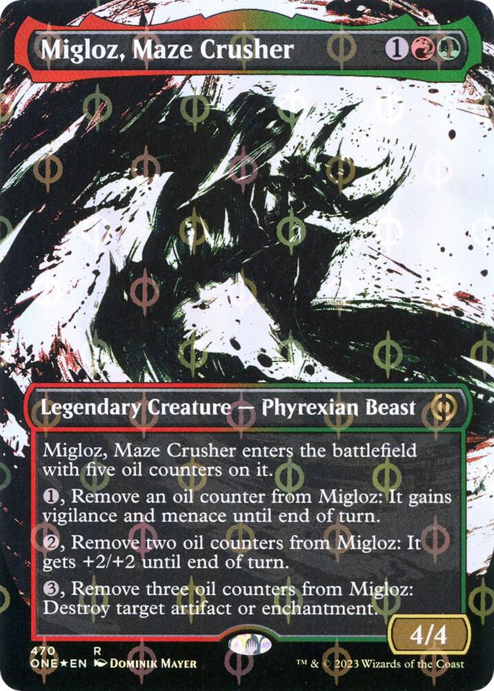 Migloz, Maze Crusher (Showcase) (Step-and-Compleat Foil) (470) [Phyrexia: All Will Be One] [Showcase, Borderless]