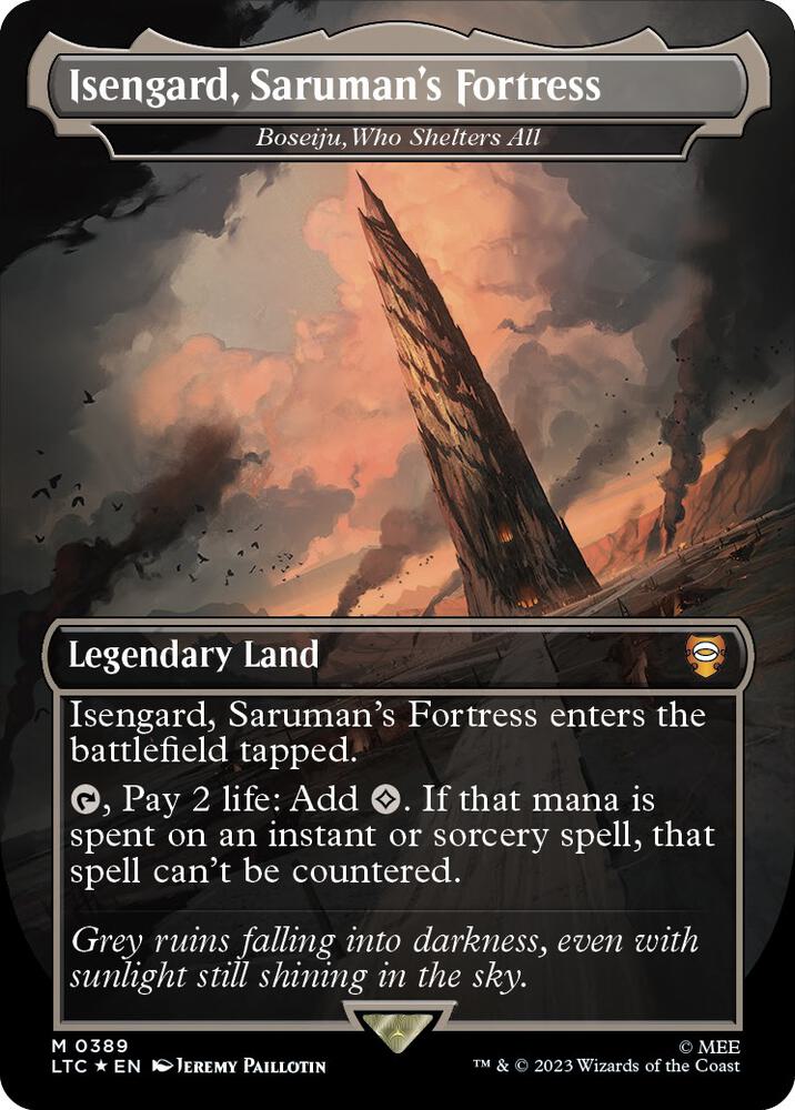 Isengard, Saruman's Fortress - Boseiju, Who Shelters All (Borderless) (Surge Foil) (389) [Tales of Middle-earth Commander] [Borderless]
