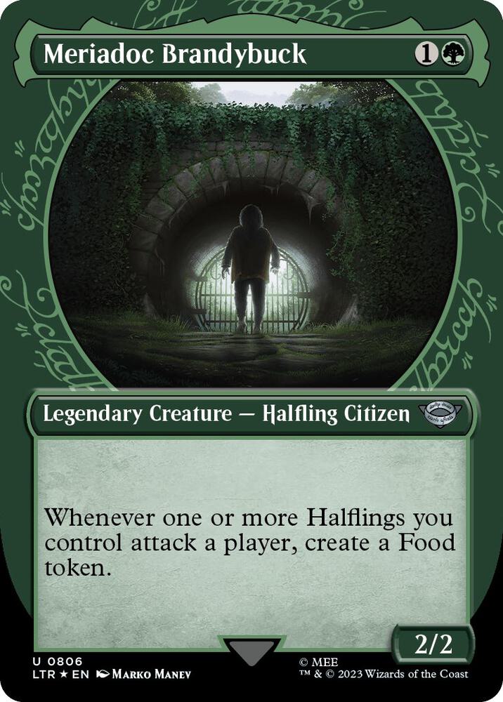 Meriadoc Brandybuck (Showcase) (Surge Foil) (806) [The Lord of the Rings: Tales of Middle-earth] [Showcase, Borderless]
