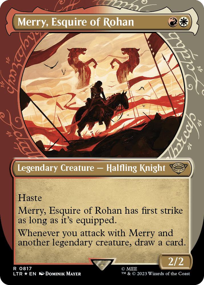 Merry, Esquire of Rohan (Showcase) (Surge Foil) (817) [The Lord of the Rings: Tales of Middle-earth] [Showcase, Borderless]
