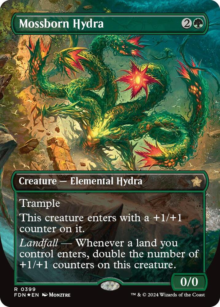 Mossborn Hydra (Borderless) (Mana Foil) (399) [Foundations]